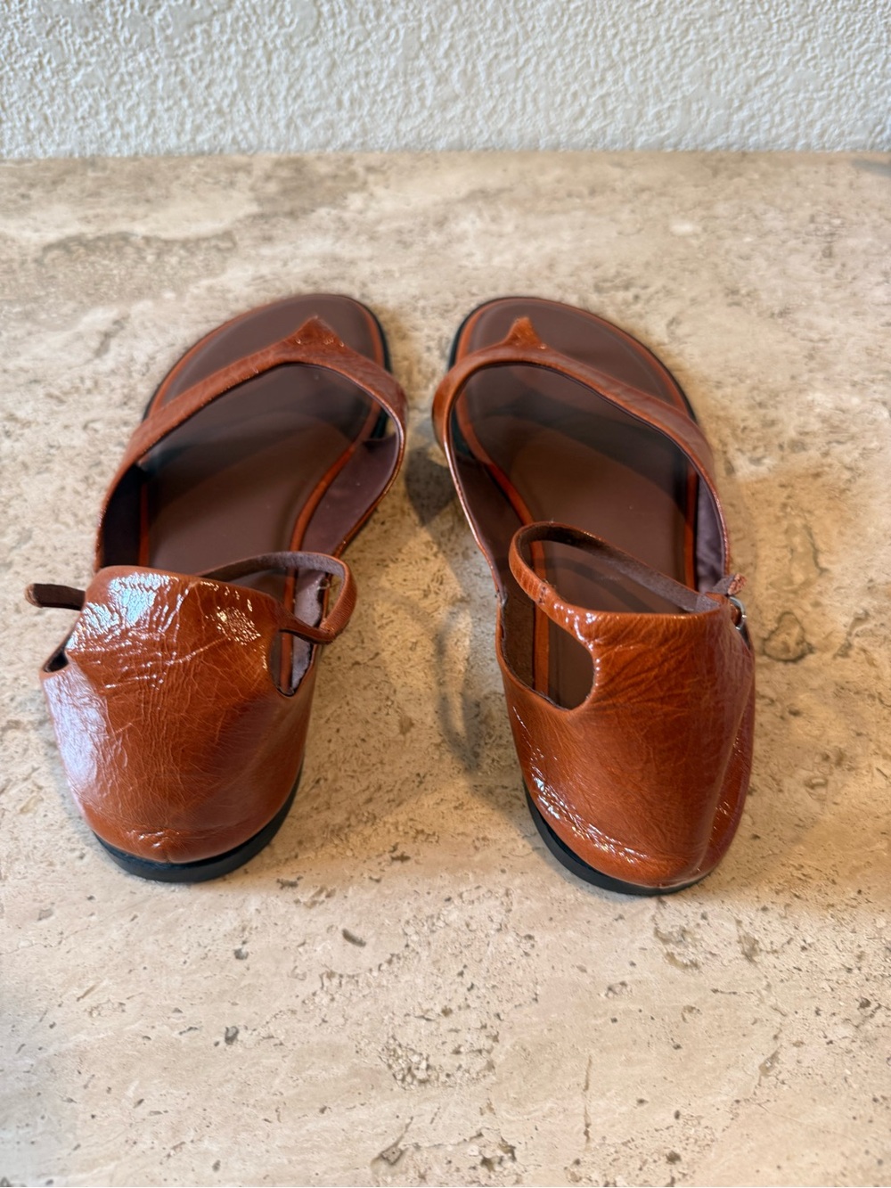 Zara Brown Patent Leather T-Strap Women's Sandals - Picture 7 of 9